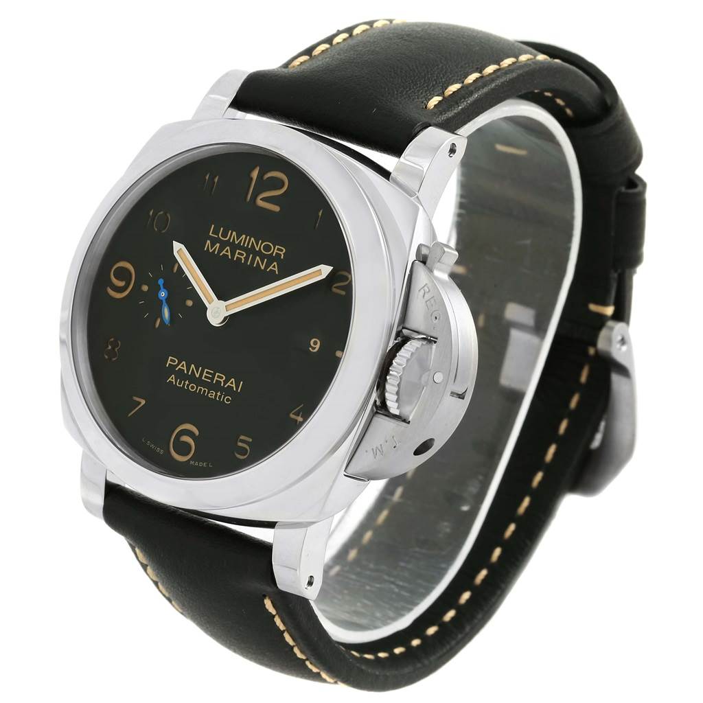 The image shows a Panerai Luminor PAM01359 Men
s Stainless Steel Black Dial PAM01359 Men
s Stainless Steel Black Dial watch at a three-quarter angle, highlighting the dial, case, crown guard, and leather strap.