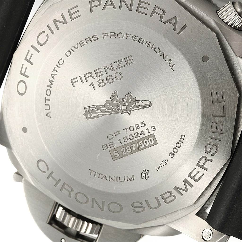 The image shows the back case of a Panerai Submersible PAM00615 Men's Titanium Black Dial PAM00615 Men's Titanium Black Dial watch, highlighting its model engravings and titanium composition.