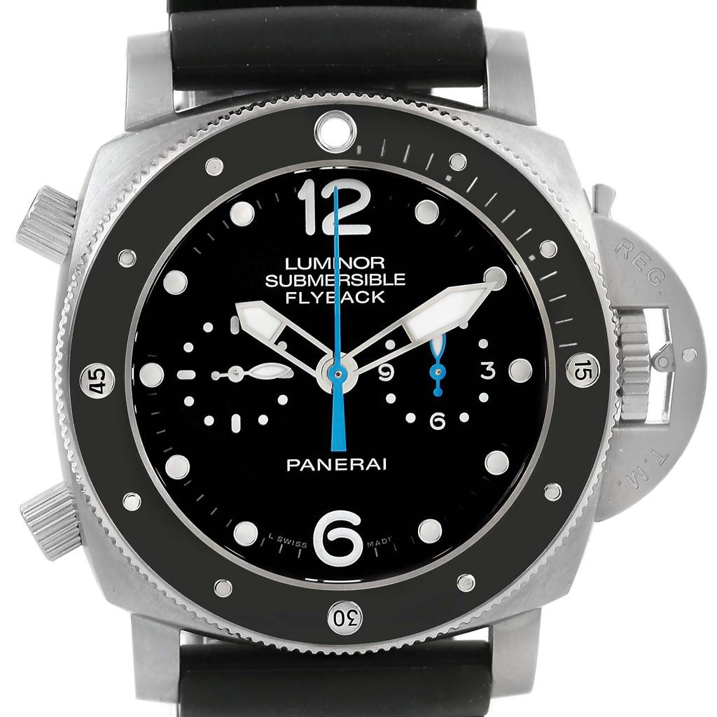 The Panerai Luminor Submersible Flyback watch is shown from the front, displaying its dial, bezel, and strap.