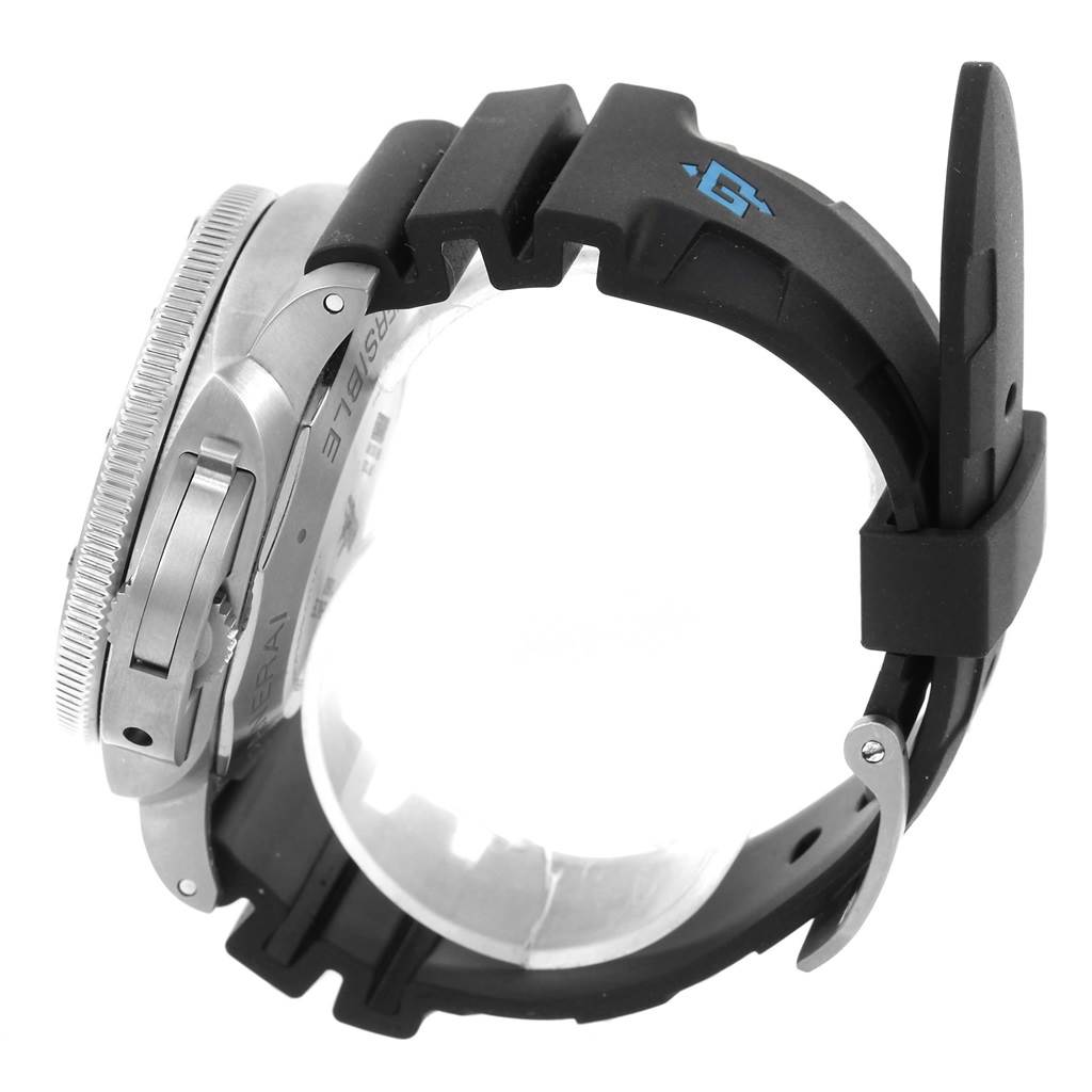 The Panerai Submersible PAM00615 Men's Titanium Black Dial PAM00615 Men's Titanium Black Dial watch is shown from a side angle, highlighting the case, bezel, and rubber strap.