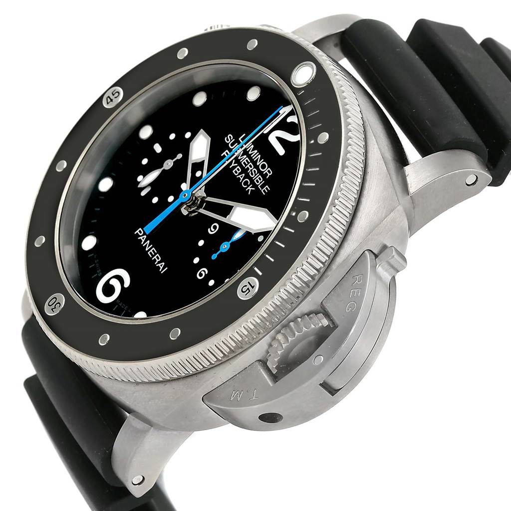 The image shows a Panerai Submersible PAM00615 Men's Titanium Black Dial PAM00615 Men's Titanium Black Dial watch at an angled view highlighting its bezel, dial, and crown guard.