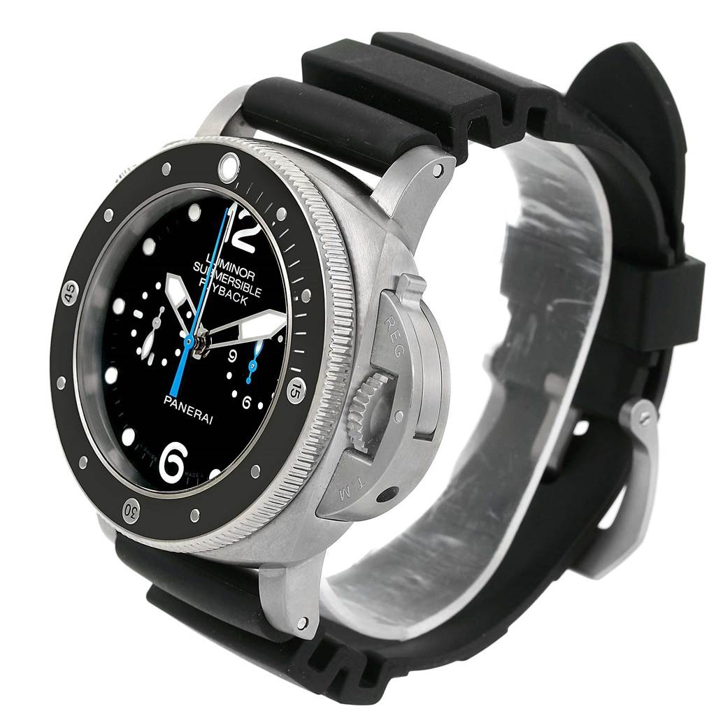 The Panerai Submersible PAM00615 Men's Titanium Black Dial PAM00615 Men's Titanium Black Dial watch is shown from a front-angle, revealing the dial, bezel, and strap.