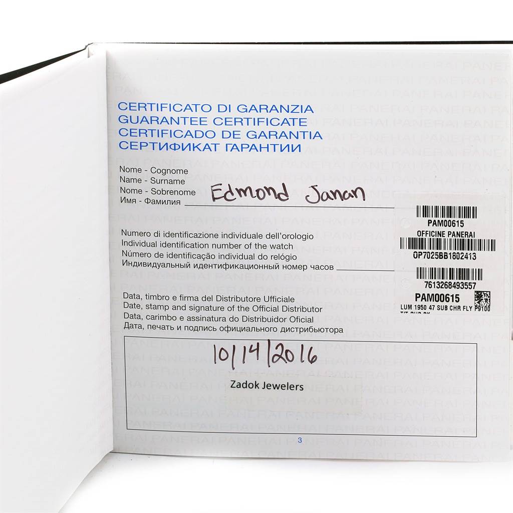 This image shows the guarantee certificate for the Panerai Submersible PAM00615 Men's Titanium Black Dial PAM00615 Men's Titanium Black Dial model watch.