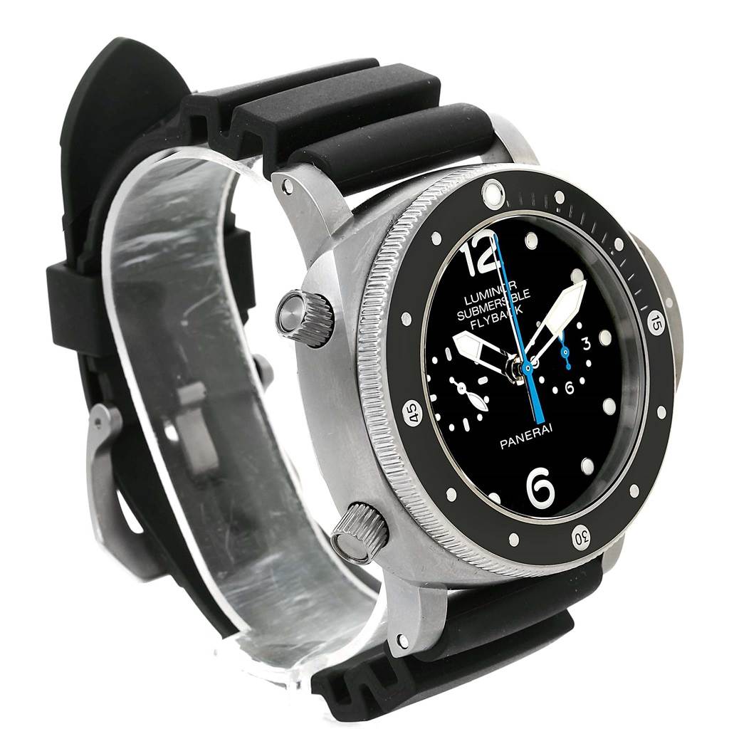 The Panerai Submersible PAM00615 Men's Titanium Black Dial PAM00615 Men's Titanium Black Dial model watch is shown at a three-quarter angle, displaying its face, bezel, crown, and black rubber strap.