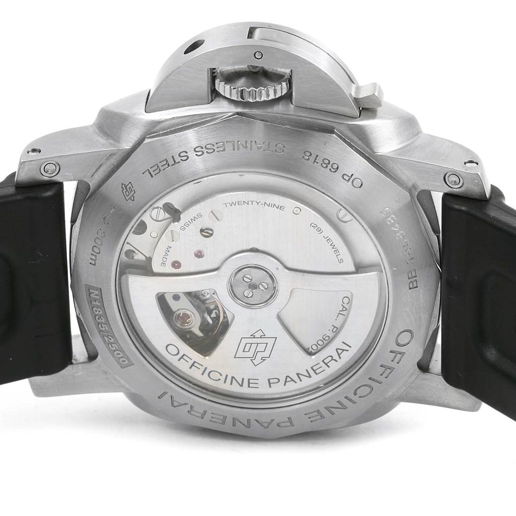 The image shows the back view of the Panerai Luminor PAM00321 Men
s Stainless Steel Black Dial PAM00321 Men
s Stainless Steel Black Dial, highlighting its stainless steel case and transparent case back.