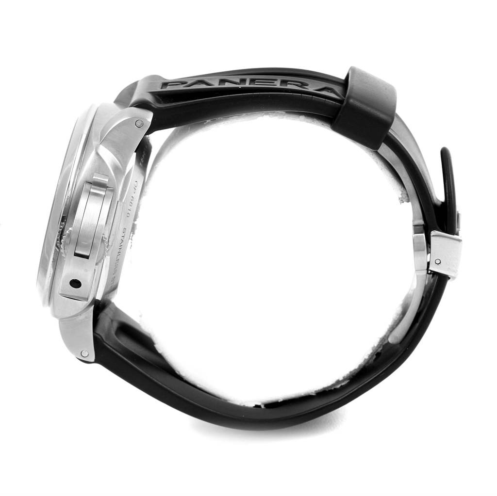 This image shows a side view of a Panerai Luminor PAM00321 Men
s Stainless Steel Black Dial PAM00321 Men
s Stainless Steel Black Dial watch, focusing on the case, crown guard, and black strap.