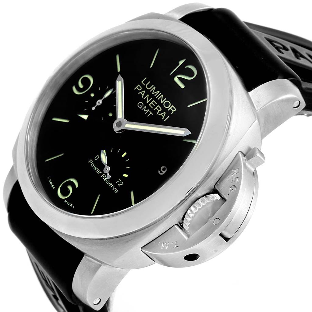 This image shows a side angle of the Panerai Luminor PAM00321 Men
s Stainless Steel Black Dial PAM00321 Men
s Stainless Steel Black Dial watch, highlighting its crown protector and black dial with luminous numbers and hands.