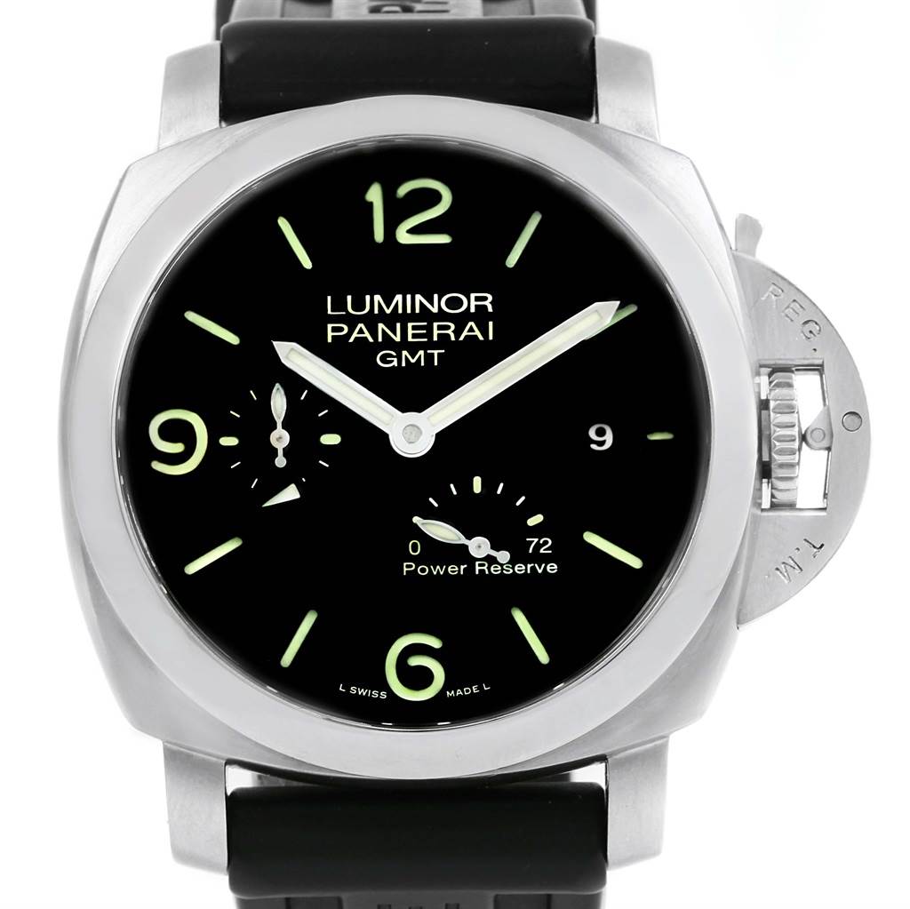 The image shows a front view of a Panerai Luminor PAM00321 Men
s Stainless Steel Black Dial PAM00321 Men
s Stainless Steel Black Dial GMT watch with a black dial and luminous markers.
