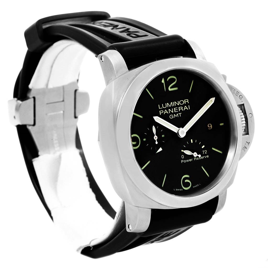 The image shows a Panerai Luminor PAM00321 Men
s Stainless Steel Black Dial PAM00321 Men
s Stainless Steel Black Dial model watch at a three-quarter angle, highlighting the face, strap, and buckle.