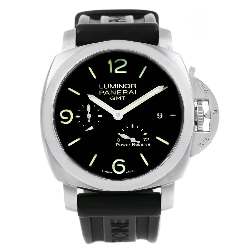 This Panerai Luminor PAM00321 Men
s Stainless Steel Black Dial PAM00321 Men
s Stainless Steel Black Dial model watch is shown from a front angle, showcasing its dial, crown, and strap.