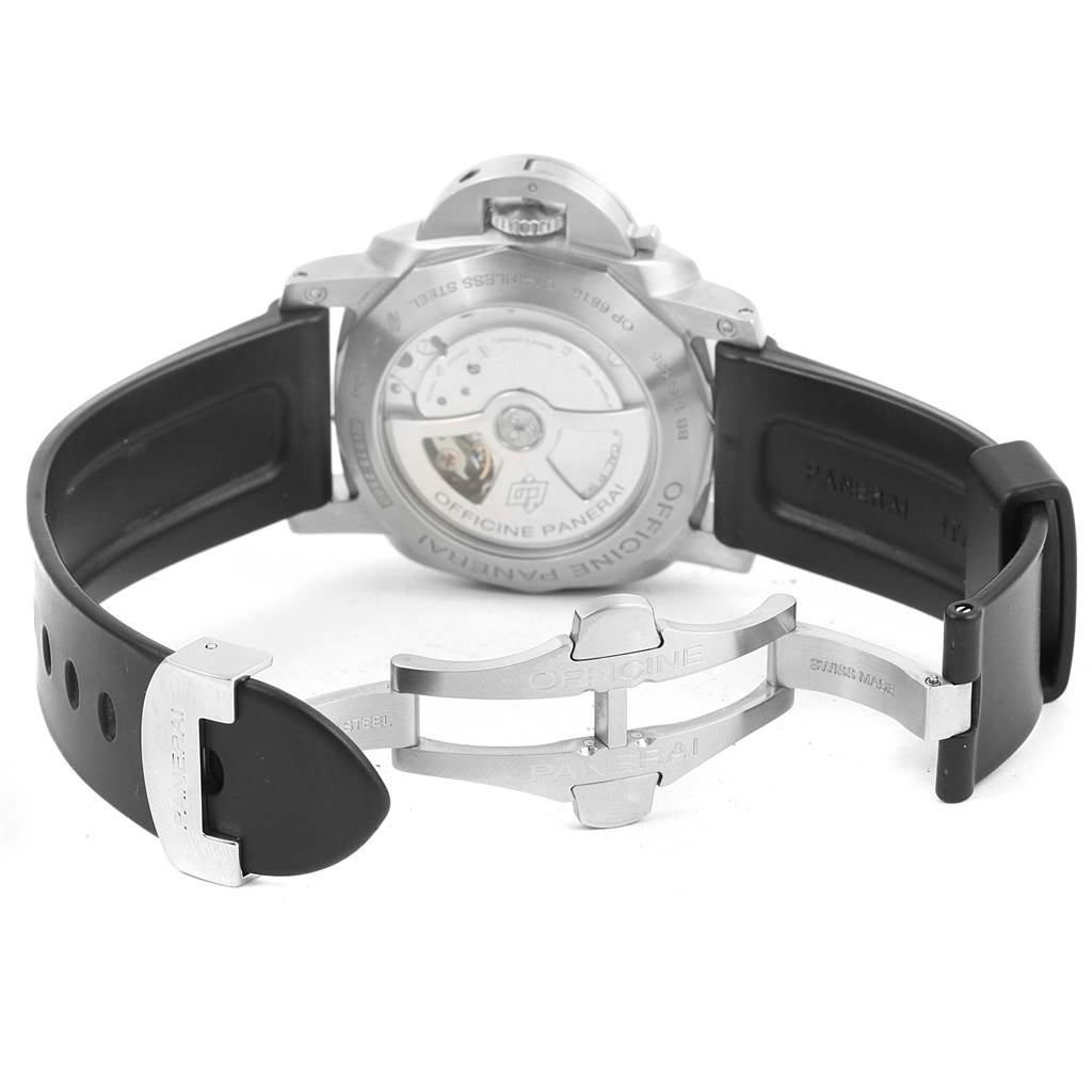 The image shows the back view of a Panerai Luminor PAM00321 Men
s Stainless Steel Black Dial PAM00321 Men
s Stainless Steel Black Dial watch, featuring its open case back and strap, along with a deployant clasp.