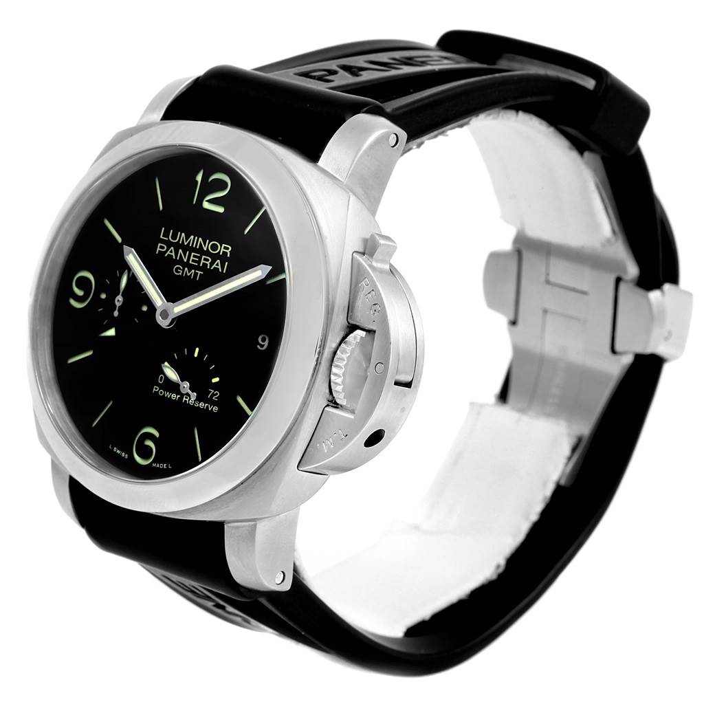 The image shows a Panerai Luminor PAM00321 Men
s Stainless Steel Black Dial PAM00321 Men
s Stainless Steel Black Dial watch at a three-quarter angle, highlighting the face, crown guard, and rubber strap.