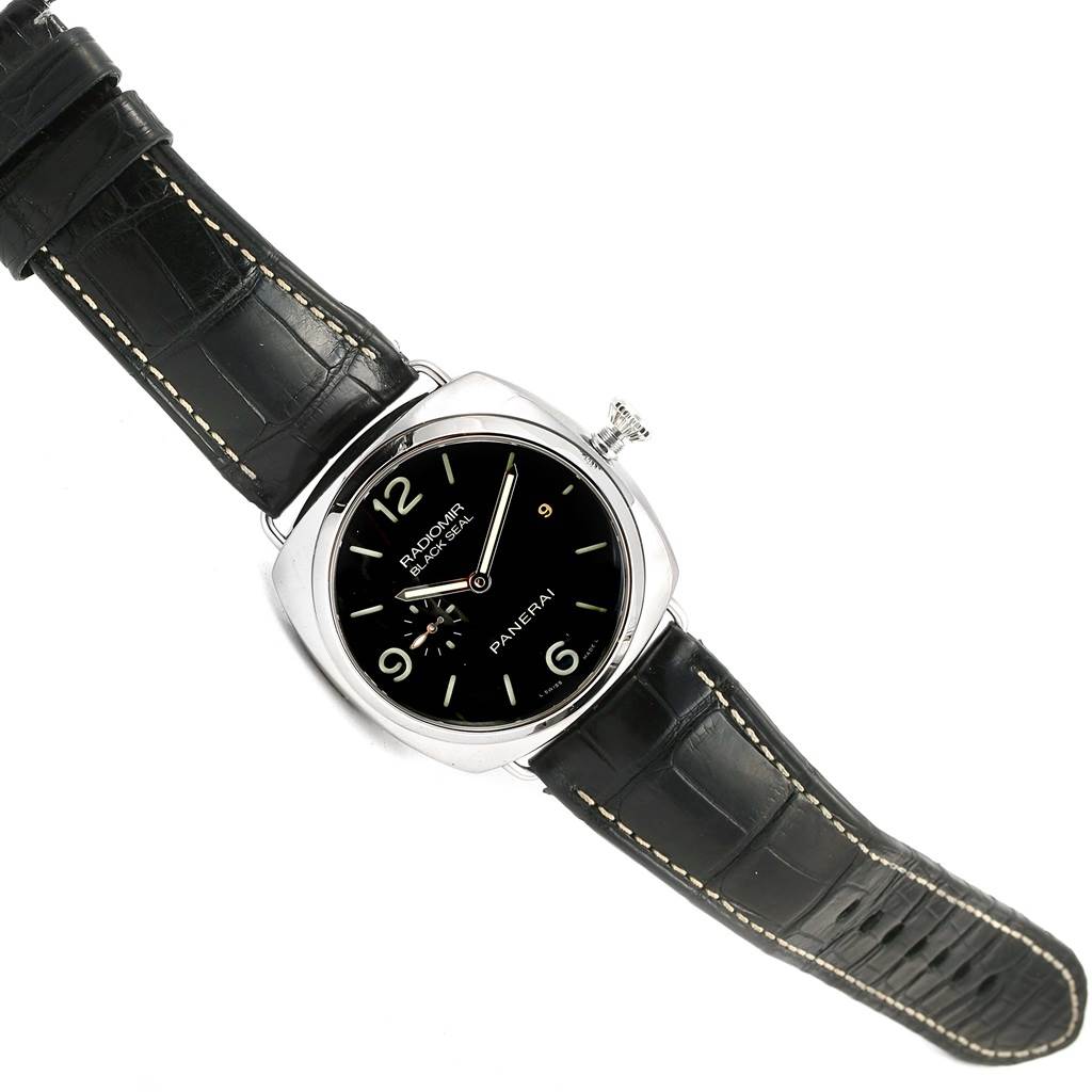 The image shows a top-down view of a Panerai Radiomir PAM00388 Men
s Stainless Steel Black Dial PAM00388 Men
s Stainless Steel Black Dial watch with its black leather strap fully extended.