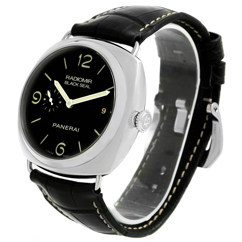 The image shows a Panerai Radiomir PAM00388 Men
s Stainless Steel Black Dial PAM00388 Men
s Stainless Steel Black Dial Black Seal watch from a slight side angle, highlighting its dial, case, crown, and leather strap.