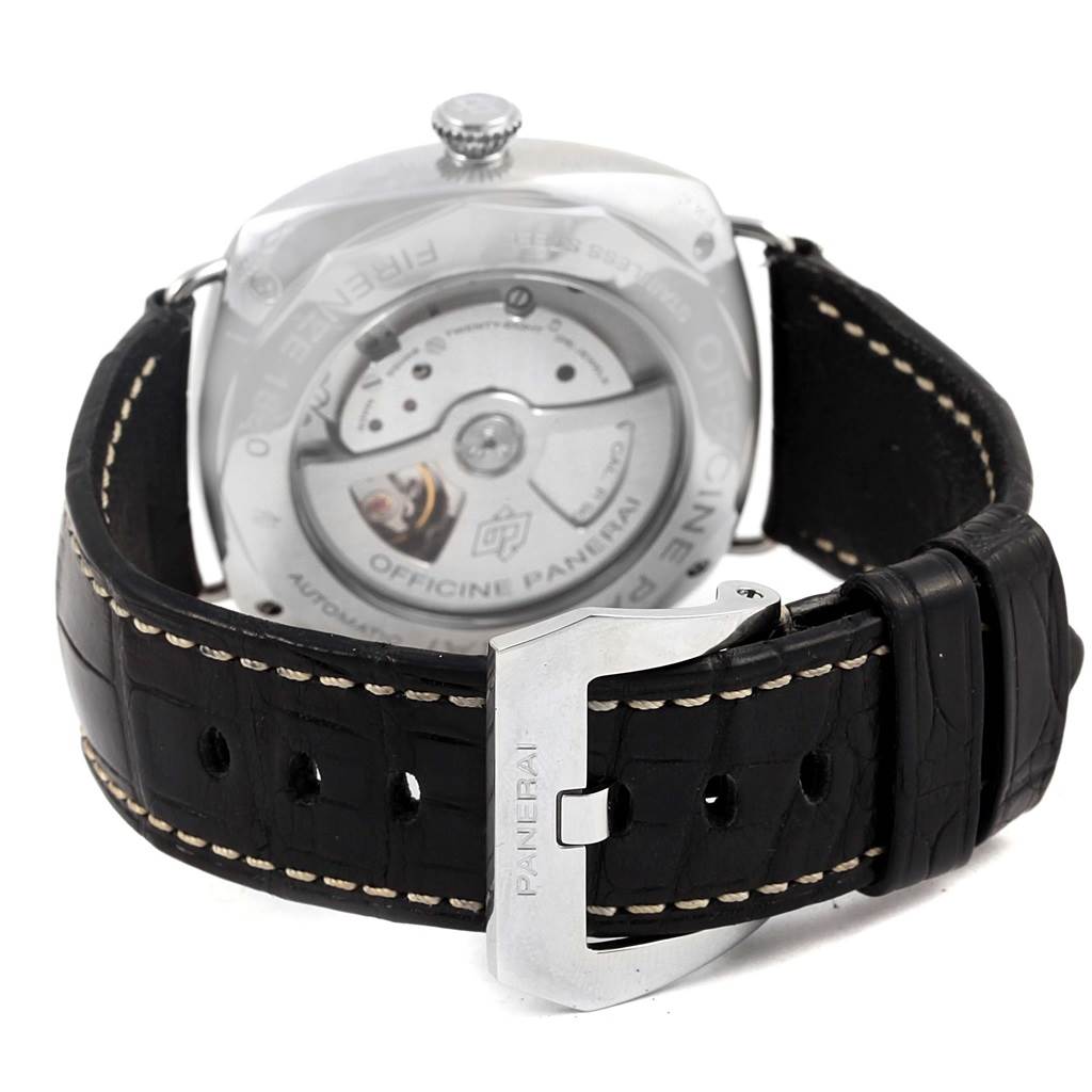The image shows the back view of a Panerai Radiomir PAM00388 Men
s Stainless Steel Black Dial PAM00388 Men
s Stainless Steel Black Dial watch, highlighting its automatic movement and leather strap with buckle.