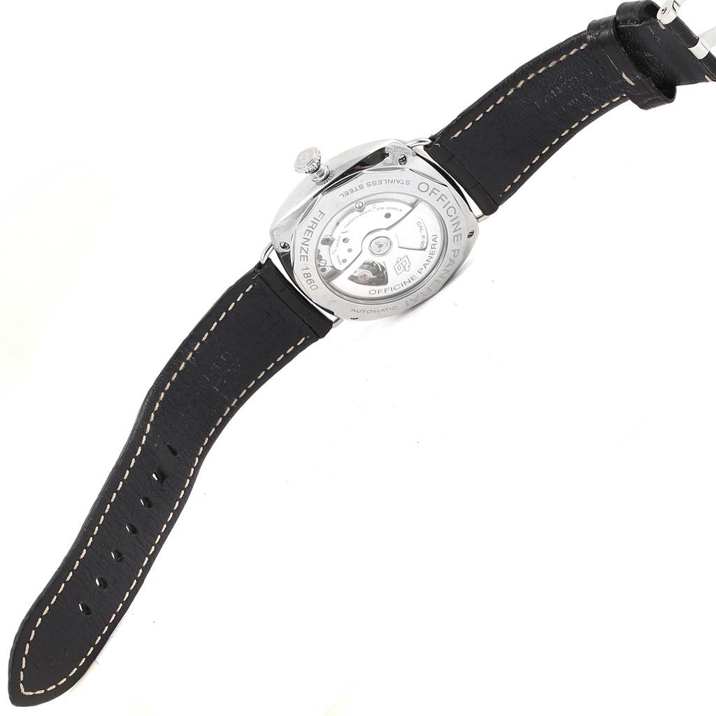 The image shows the back of a Panerai Radiomir PAM00388 Men
s Stainless Steel Black Dial PAM00388 Men
s Stainless Steel Black Dial watch, highlighting the case back and black leather strap.