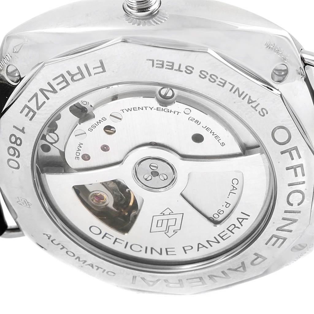 The image shows the back view of a Panerai Radiomir PAM00388 Men
s Stainless Steel Black Dial PAM00388 Men
s Stainless Steel Black Dial watch, highlighting its automatic movement and internal mechanisms.