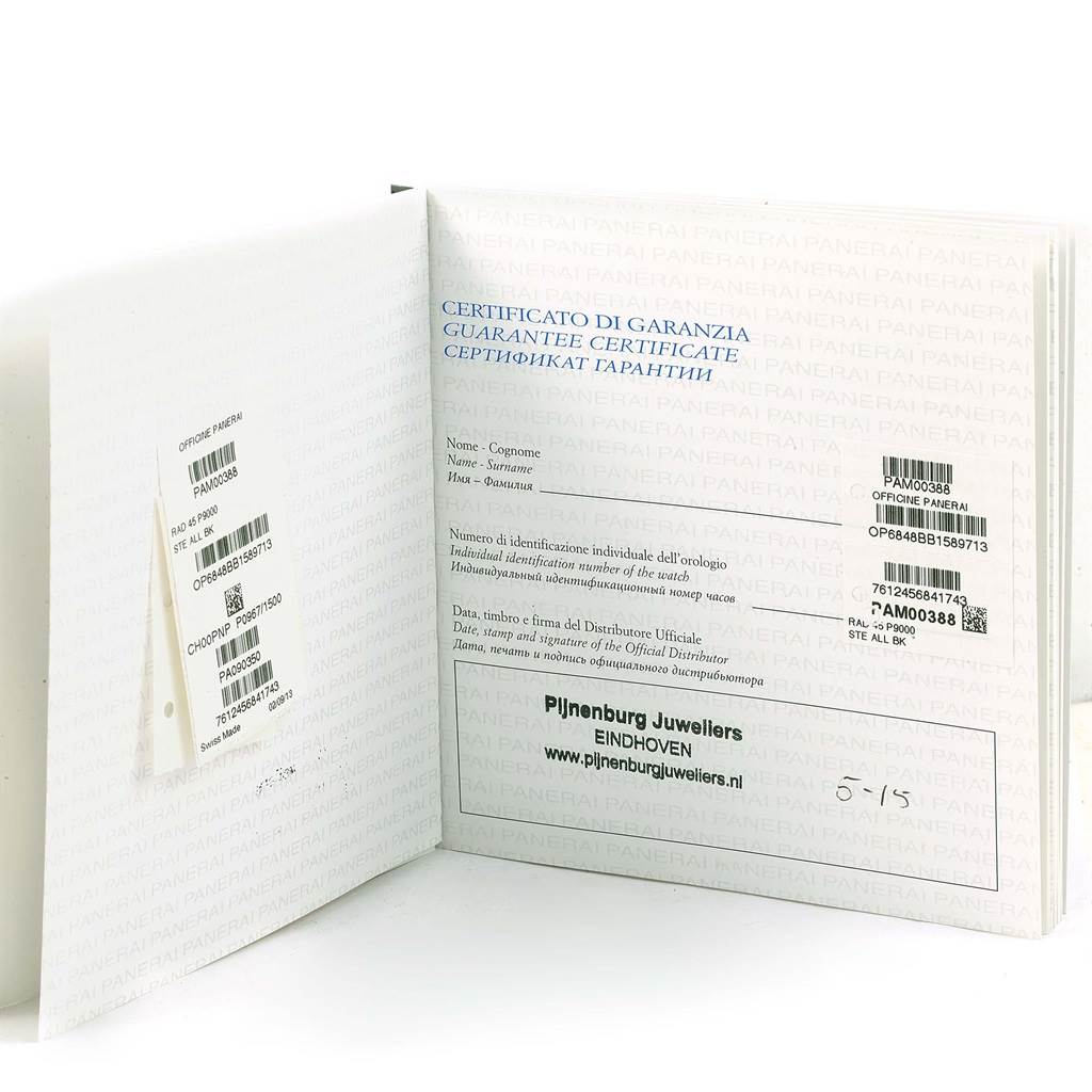 This is an image of the guarantee certificate booklet for a Panerai Radiomir PAM00388 Men
s Stainless Steel Black Dial PAM00388 Men
s Stainless Steel Black Dial watch, showing warranty details and official stamps.