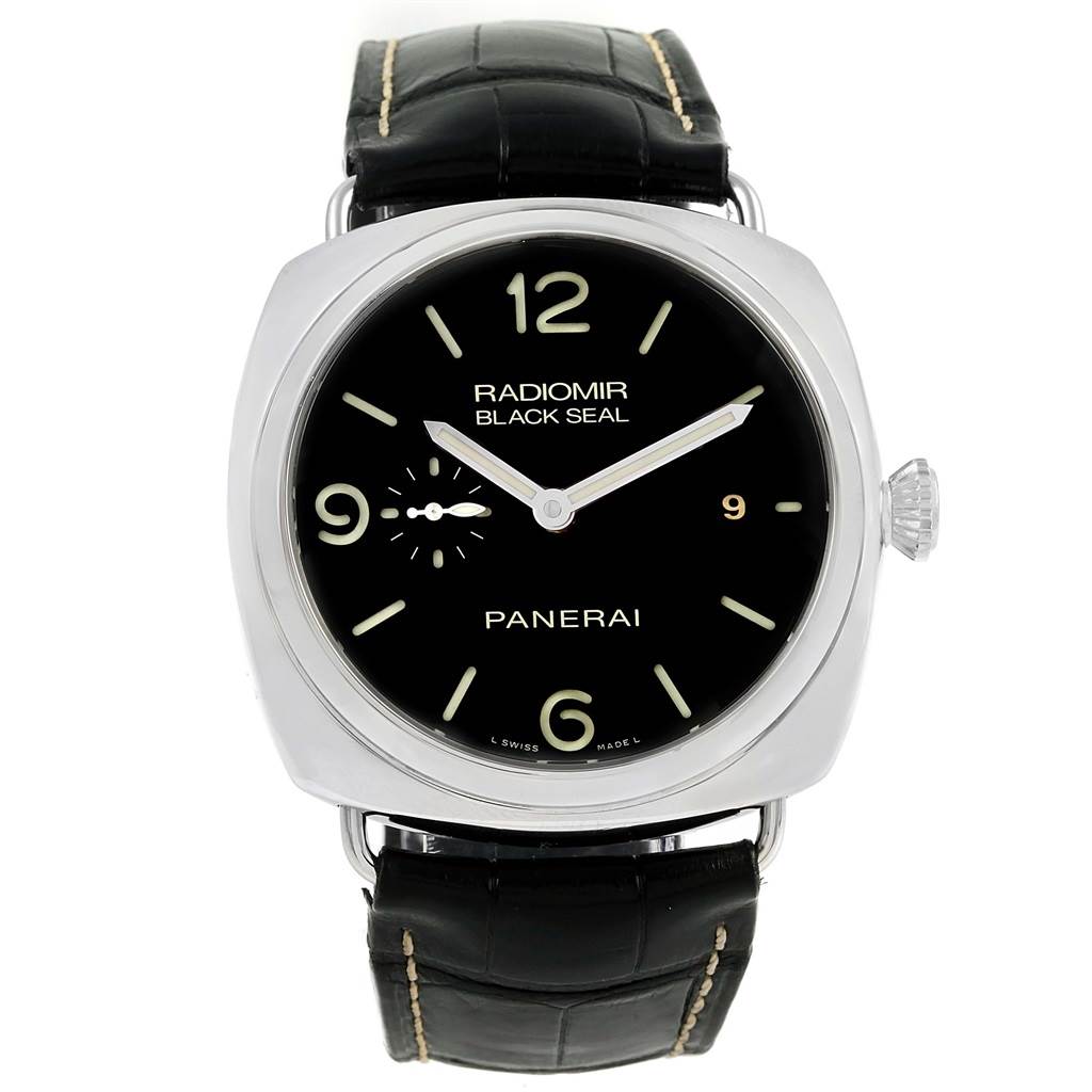 The image shows a front view of the Panerai Radiomir PAM00388 Men
s Stainless Steel Black Dial PAM00388 Men
s Stainless Steel Black Dial watch, highlighting the dial, hands, and leather strap.