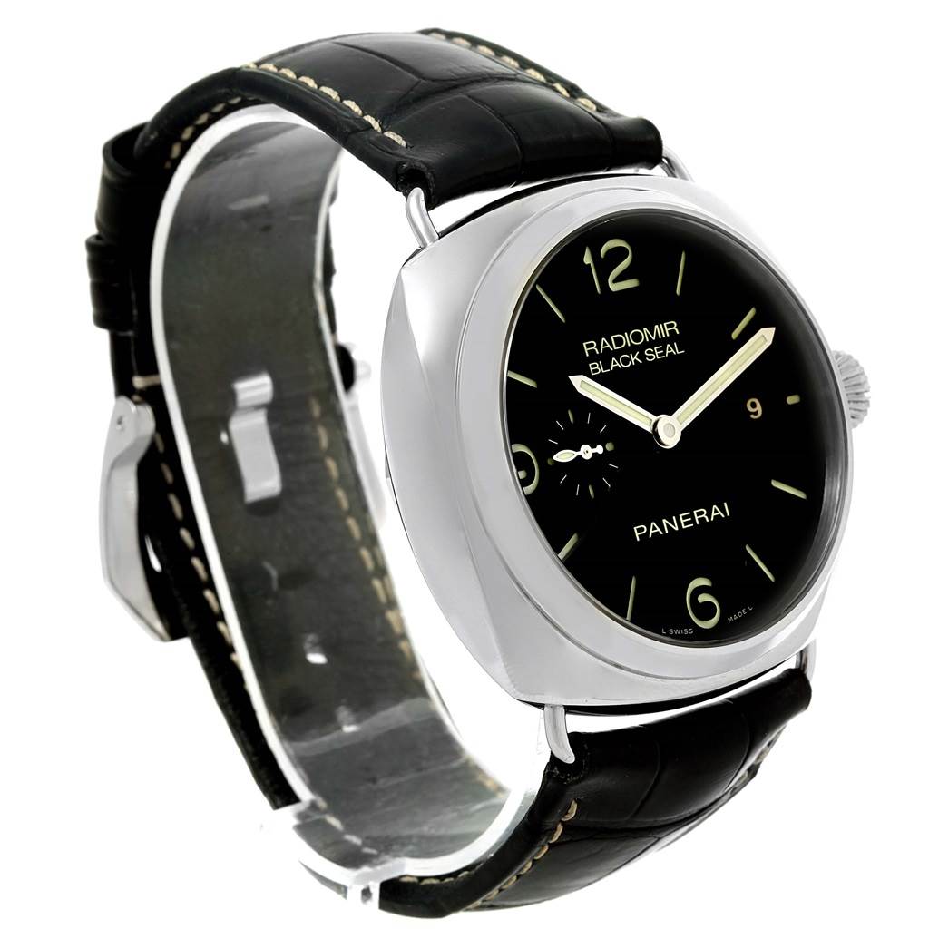 The image shows a Panerai Radiomir PAM00388 Men
s Stainless Steel Black Dial PAM00388 Men
s Stainless Steel Black Dial watch at a three-quarter angle, highlighting its face, dial, case, and leather strap.