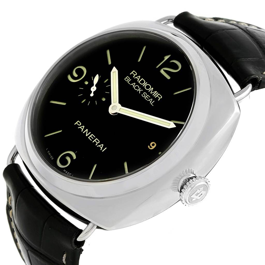 The image shows a Panerai Radiomir PAM00388 Men
s Stainless Steel Black Dial PAM00388 Men
s Stainless Steel Black Dial watch at a slight angle, highlighting its dial, crown, and strap.