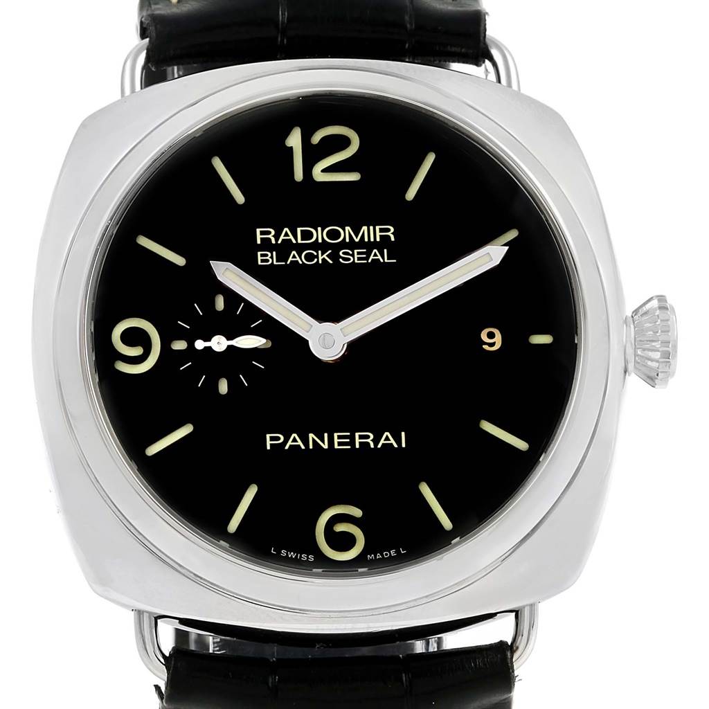 The image shows a front view of the Panerai Radiomir PAM00388 Men
s Stainless Steel Black Dial PAM00388 Men
s Stainless Steel Black Dial Black Seal watch, highlighting its black dial, luminous markers, and black strap.