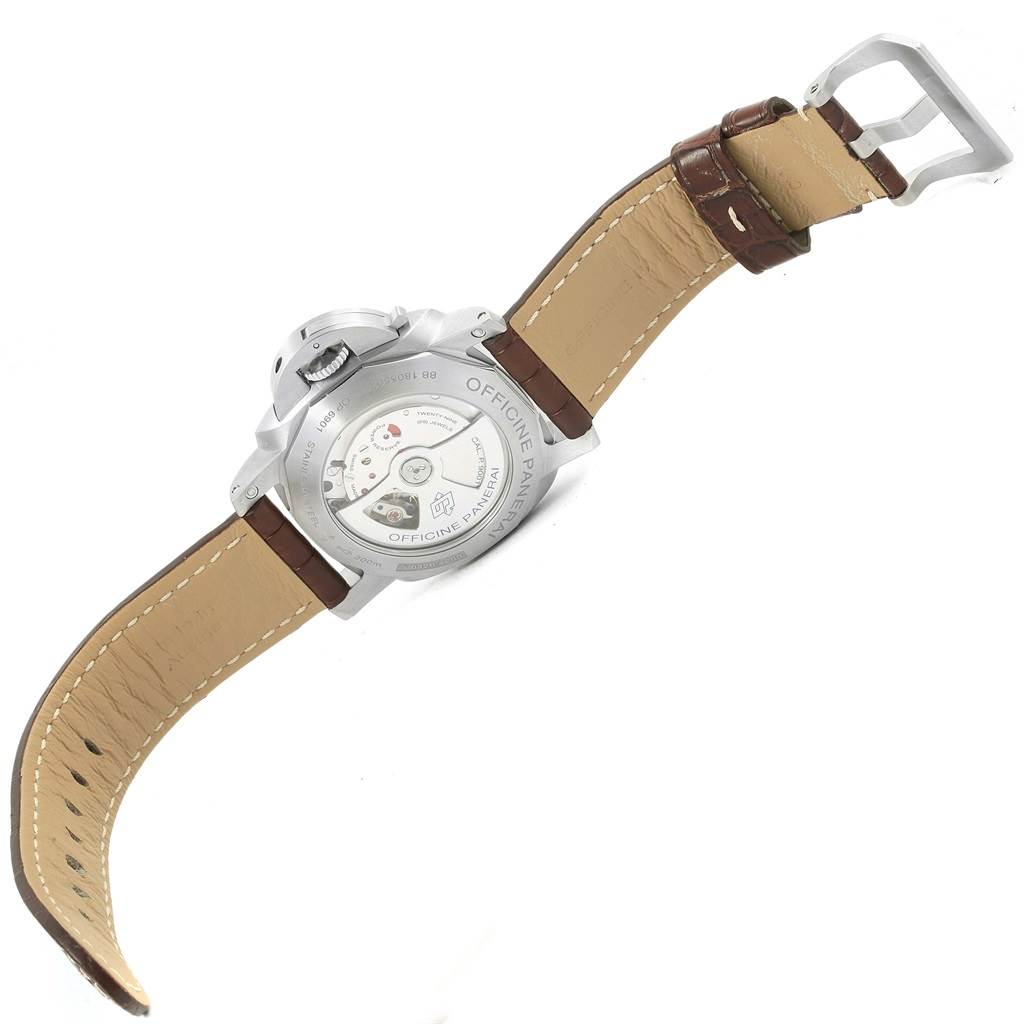 The image shows the back and side view of a Panerai Luminor PAM00320 Men's Stainless Steel Black Dial PAM00320 Men's Stainless Steel Black Dial watch with a leather strap and visible movement.