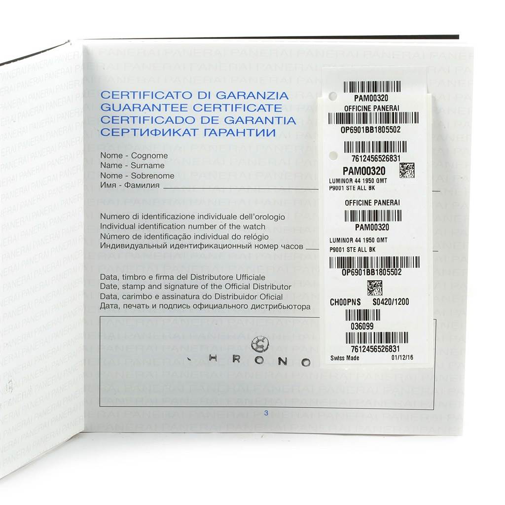 This image shows the warranty certificate and additional identification tags for the Panerai Luminor PAM00320 Men's Stainless Steel Black Dial PAM00320 Men's Stainless Steel Black Dial watch model PAM00320.