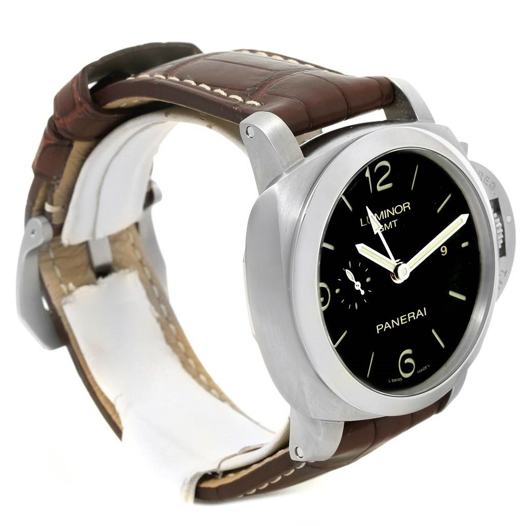 The image shows a Panerai Luminor PAM00320 Men's Stainless Steel Black Dial PAM00320 Men's Stainless Steel Black Dial watch at an angled side view, highlighting its brown leather strap and black dial.