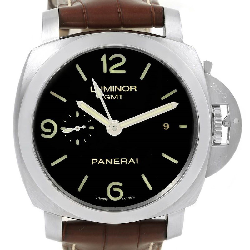 This image shows a Panerai Luminor model watch from a front angle, highlighting the dial, bezel, and crown guard.