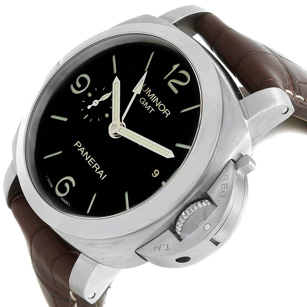 This image shows a Panerai Luminor PAM00320 Men's Stainless Steel Black Dial PAM00320 Men's Stainless Steel Black Dial GMT watch from a front angle, highlighting its dial, bezel, crown guard, and brown leather strap.