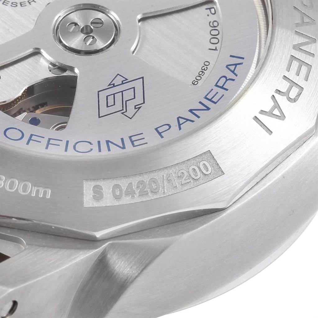 This close-up image shows the back case and part of the rotor of the Panerai Luminor PAM00320 Men's Stainless Steel Black Dial PAM00320 Men's Stainless Steel Black Dial watch.
