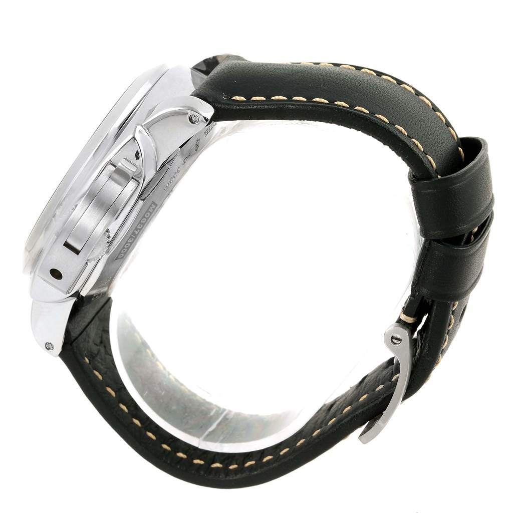 The image shows a side view of a Panerai Luminor PAM00359 Men
s Stainless Steel Black Dial PAM00359 Men
s Stainless Steel Black Dial watch, highlighting the case, crown guard, and black leather strap with stitching.