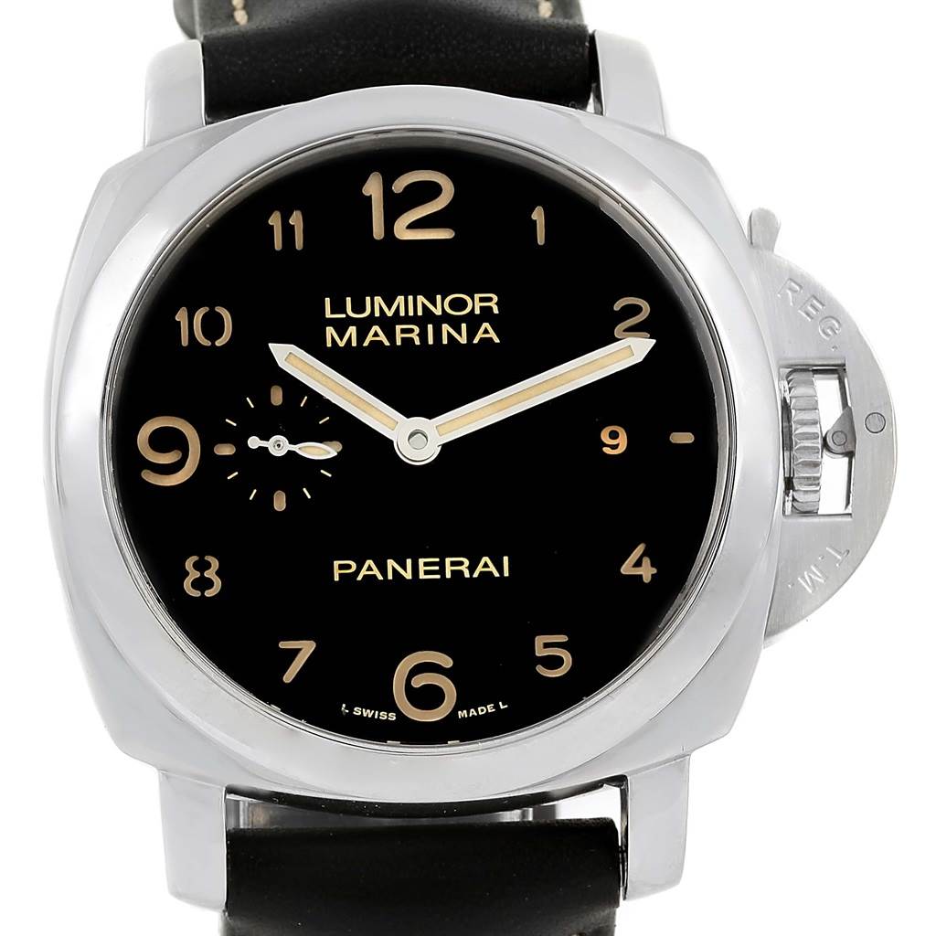 The image shows a front view of a Panerai Luminor PAM00359 Men
s Stainless Steel Black Dial PAM00359 Men
s Stainless Steel Black Dial Marina watch with a black dial and gold numerals.