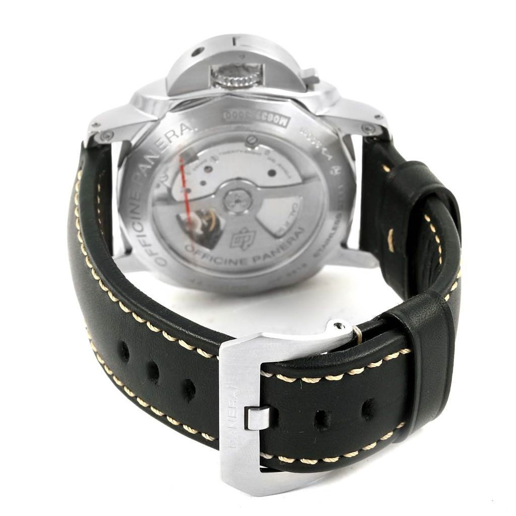 The image shows the back case and leather strap of a Panerai Luminor PAM00359 Men
s Stainless Steel Black Dial PAM00359 Men
s Stainless Steel Black Dial watch from a rear angle.