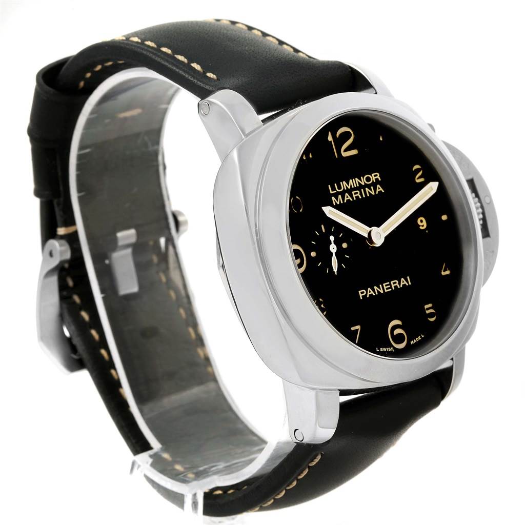 The image shows a Panerai Luminor PAM00359 Men
s Stainless Steel Black Dial PAM00359 Men
s Stainless Steel Black Dial Marina watch from a front angle, highlighting the black dial, case, and black leather strap.