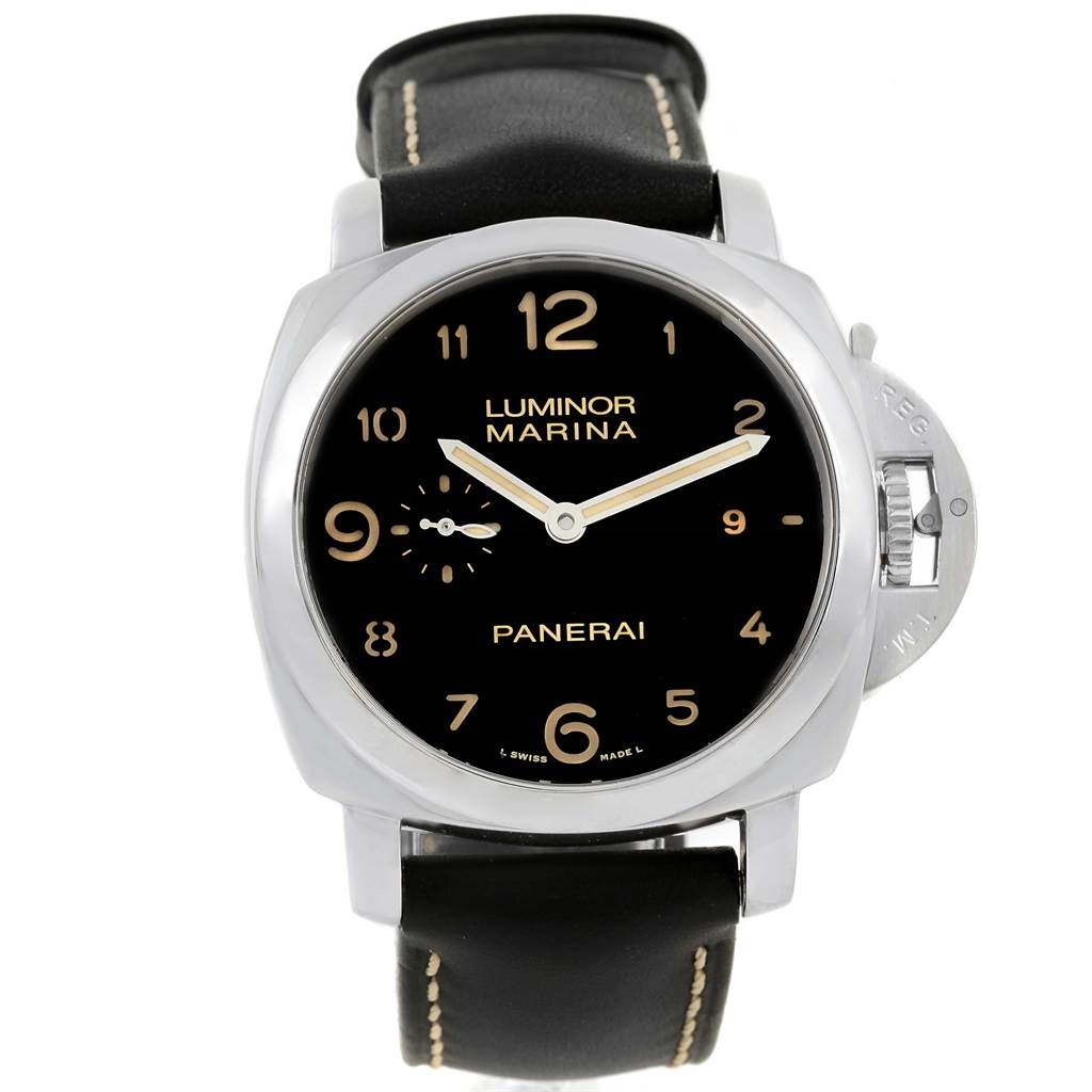 The image shows a front view of a Panerai Luminor PAM00359 Men
s Stainless Steel Black Dial PAM00359 Men
s Stainless Steel Black Dial watch, highlighting the face, case, lugs, and strap.