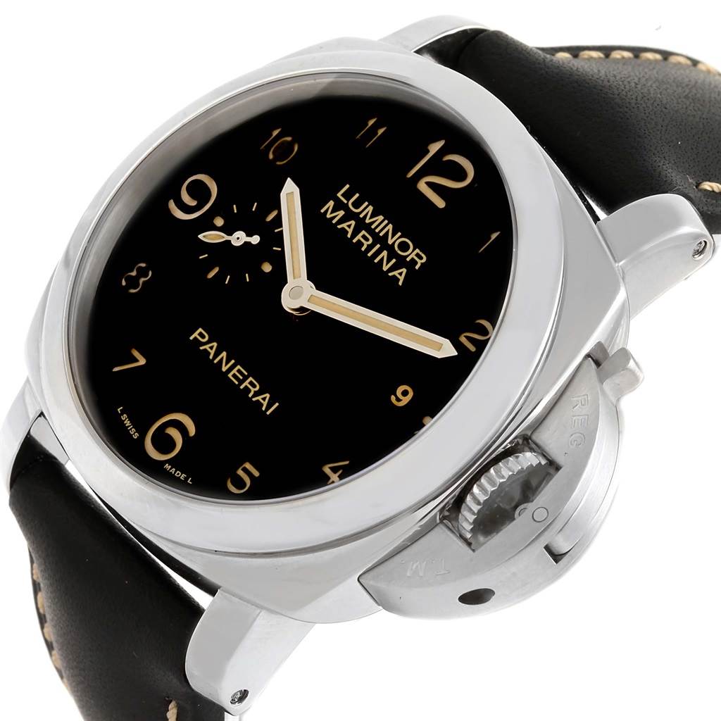 The Panerai Luminor PAM00359 Men
s Stainless Steel Black Dial PAM00359 Men
s Stainless Steel Black Dial watch is shown from a front angle, highlighting its black dial, crown guard, and leather strap.
