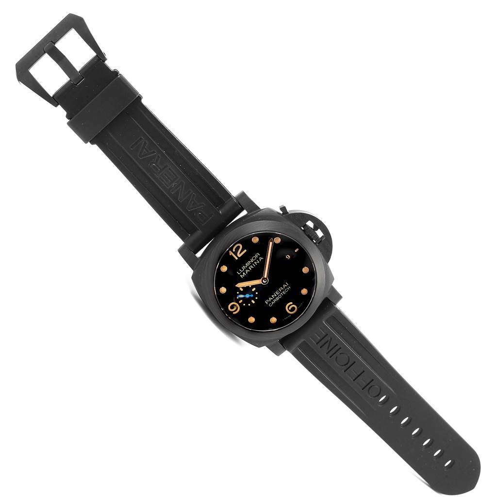 The image shows a Panerai Luminor PAM00661 Men's Titanium Black Dial PAM00661 Men's Titanium Black Dial watch taken from a top view, displaying its face, strap, and buckle.