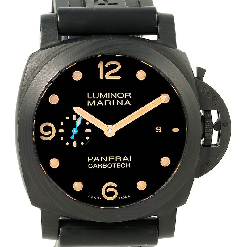 This image shows a frontal view of the Panerai Luminor Marina Carbotech watch, highlighting the dial and case.