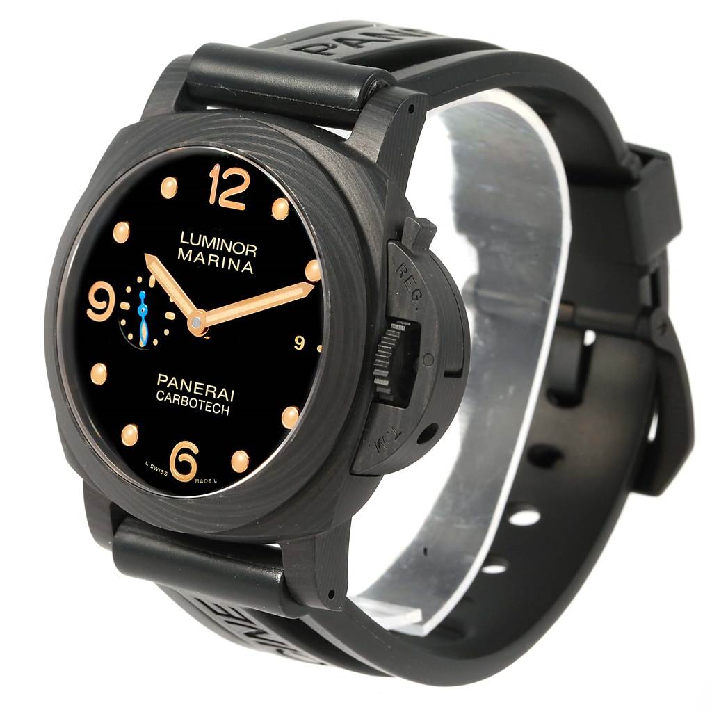 The Panerai Luminor PAM00661 Men's Titanium Black Dial PAM00661 Men's Titanium Black Dial watch is shown at a slight angle displaying its black dial, crown guard, and rubber strap.