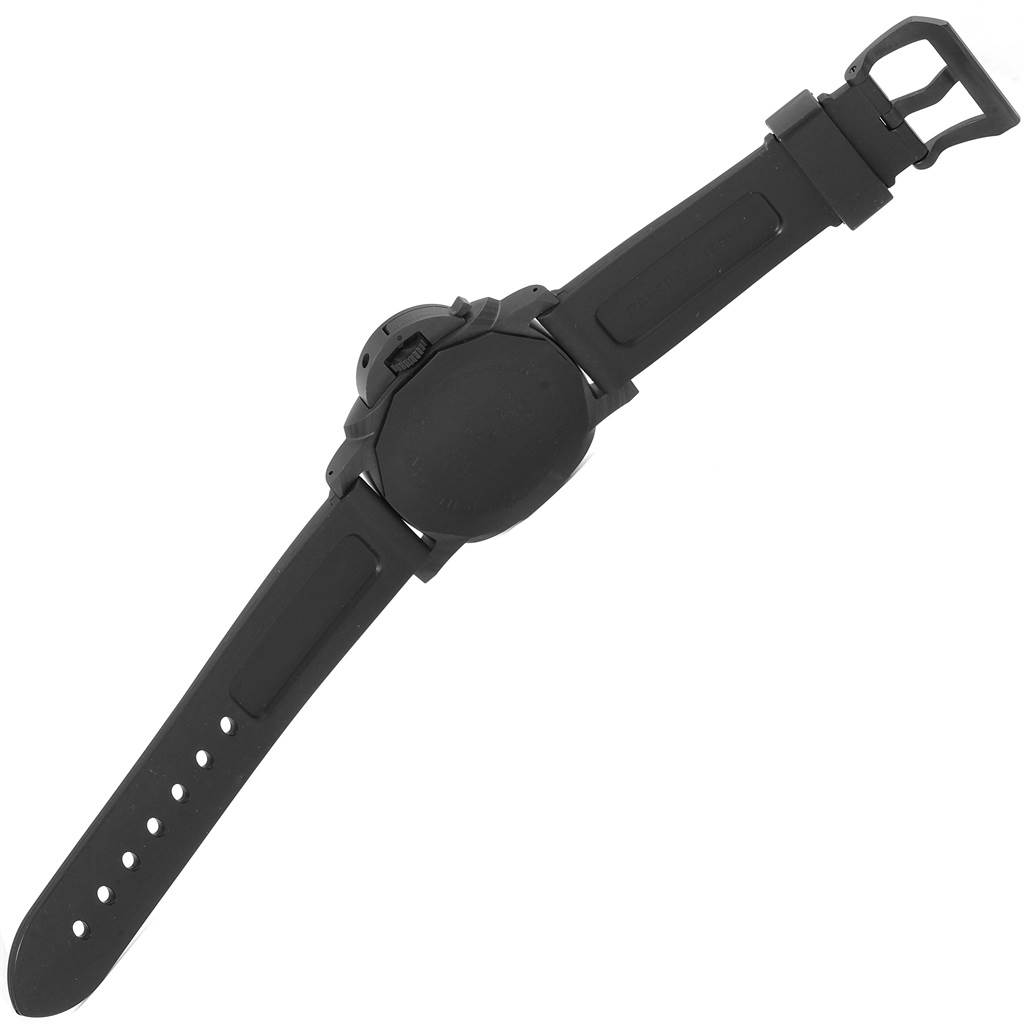 The image shows the back view of a Panerai Luminor PAM00661 Men's Titanium Black Dial PAM00661 Men's Titanium Black Dial watch, including its black strap and buckle.