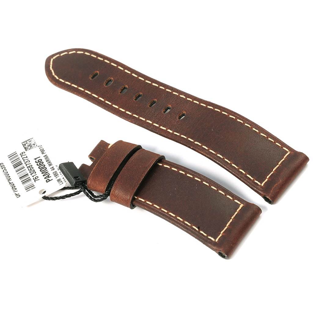 The image shows brown leather watch straps for a Panerai Luminor PAM00661 Men's Titanium Black Dial PAM00661 Men's Titanium Black Dial, displayed flat and unmounted.