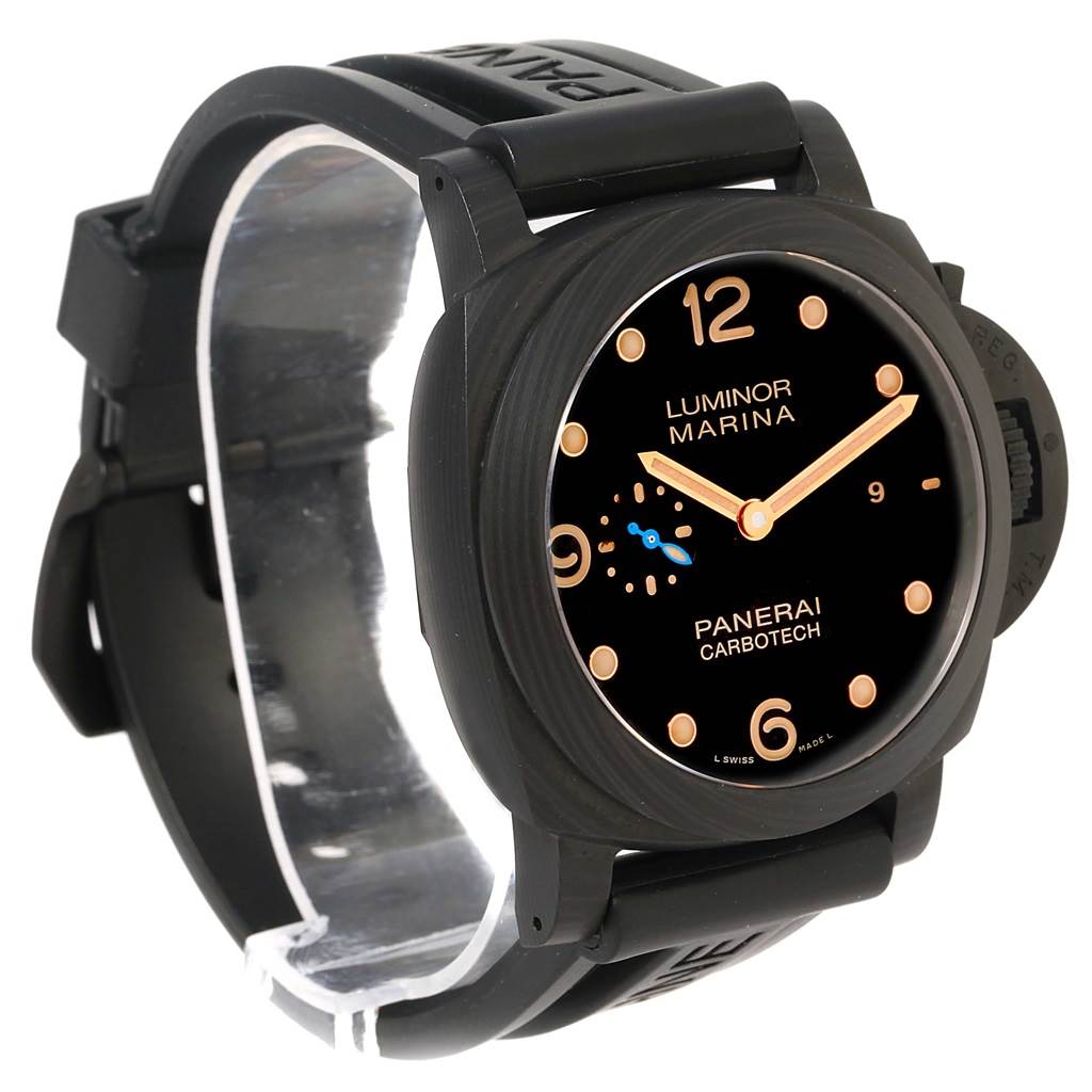 The Panerai Luminor PAM00661 Men's Titanium Black Dial PAM00661 Men's Titanium Black Dial watch is shown at a 3/4 angle, displaying its black dial, rubber strap, and crown guard.