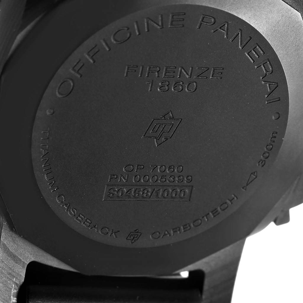 This image shows the case back of a Panerai Luminor PAM00661 Men's Titanium Black Dial PAM00661 Men's Titanium Black Dial watch, highlighting its titanium case back and Carbotech construction.