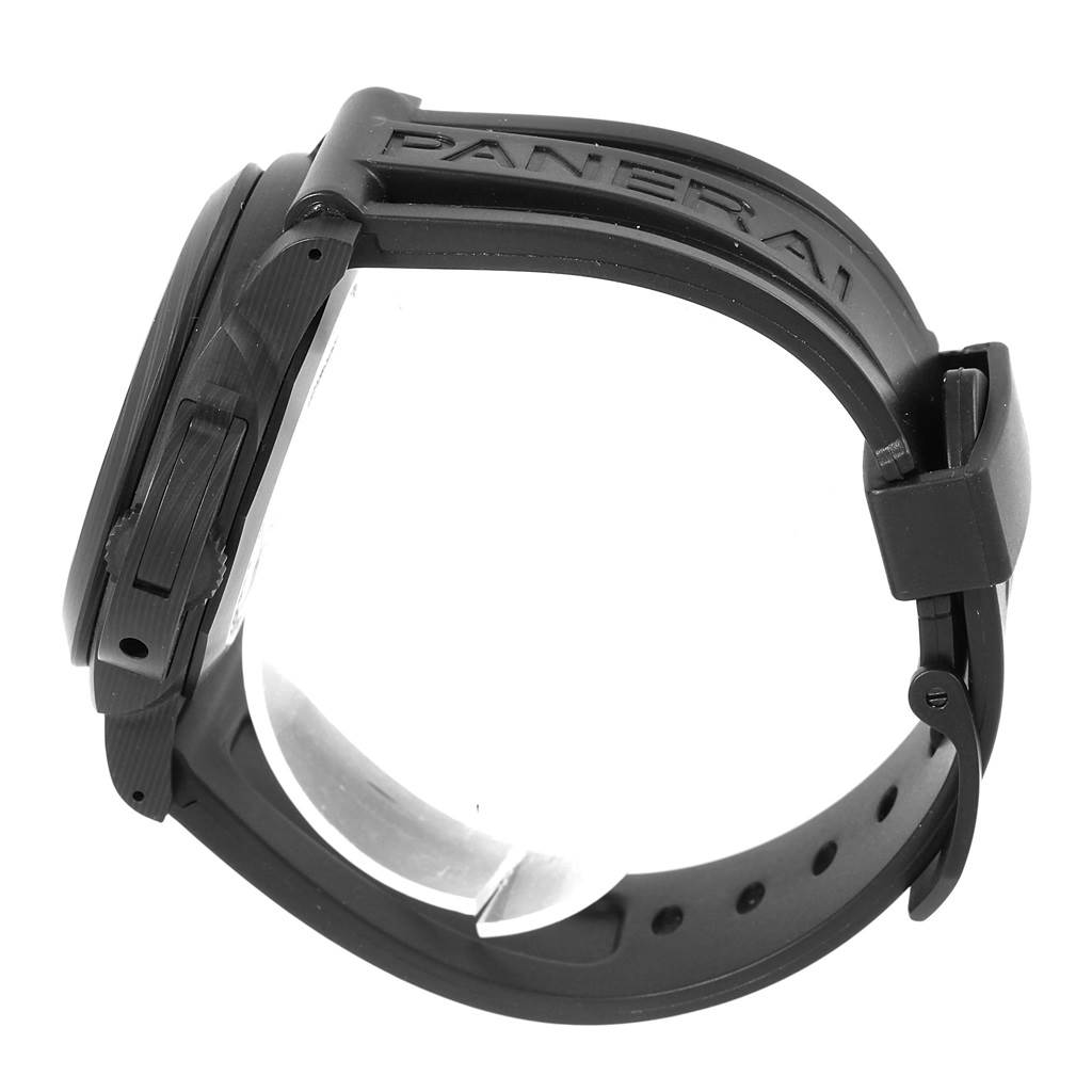 The image shows a side view of a Panerai Luminor PAM00661 Men's Titanium Black Dial PAM00661 Men's Titanium Black Dial watch, highlighting its case, crown guard, and rubber strap.