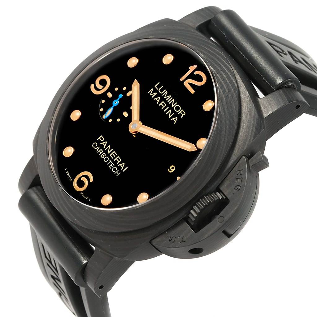 The image shows the face and crown guard of a Panerai Luminor PAM00661 Men's Titanium Black Dial PAM00661 Men's Titanium Black Dial Marina Carbotech watch at a slight angle.