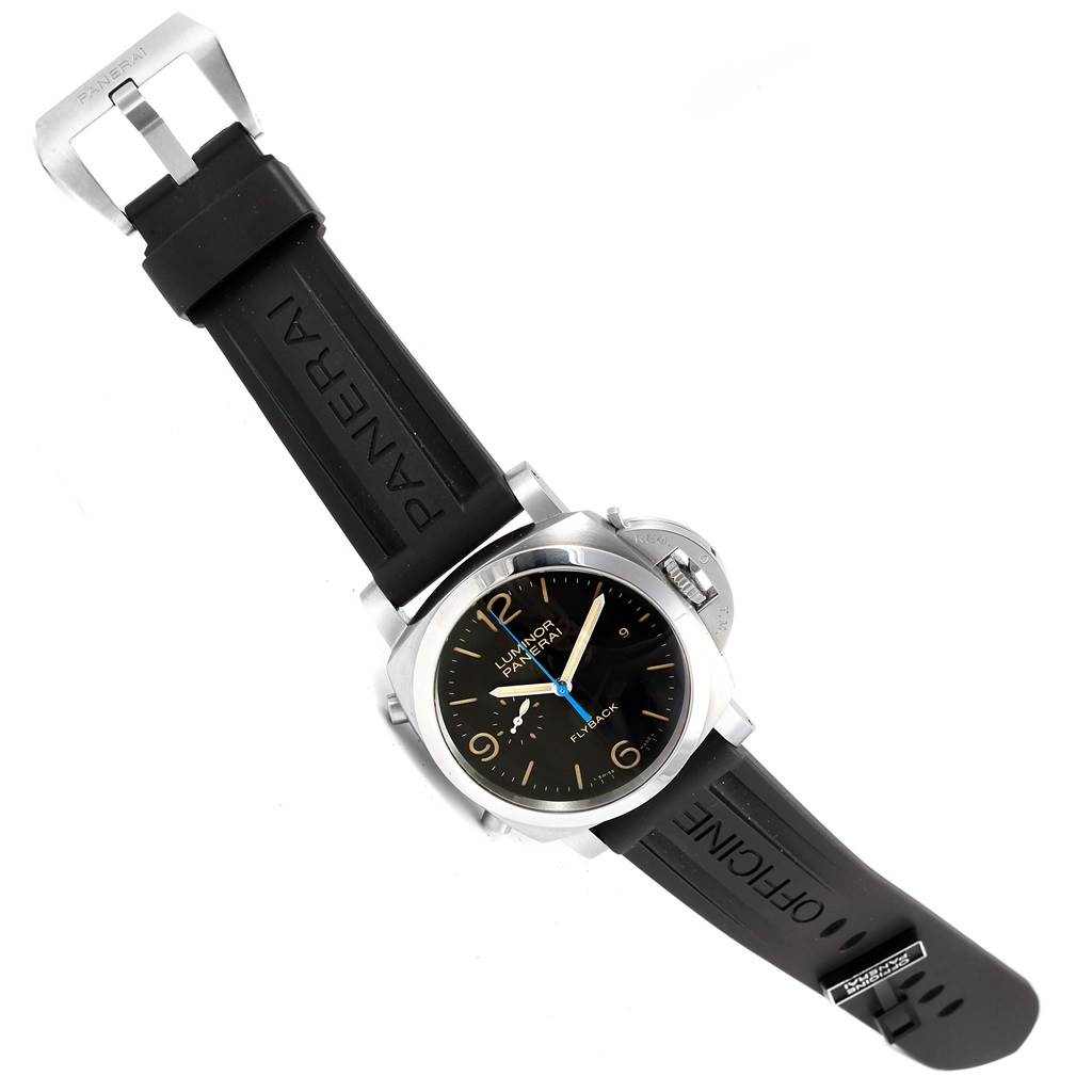 The image shows a top-down view of a Panerai Luminor PAM00524 Men's Stainless Steel Black Dial PAM00524 Men's Stainless Steel Black Dial watch, focusing on the face and black rubber strap.