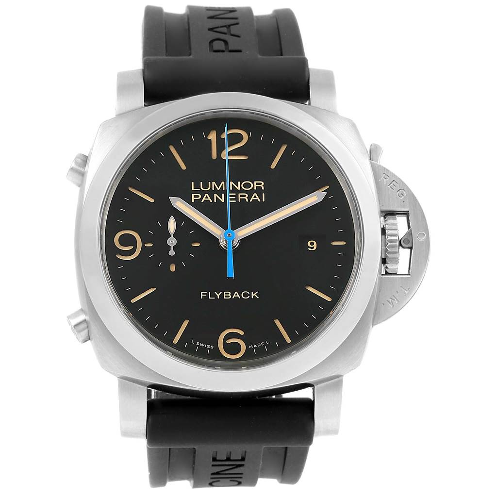 The image shows a front view of a Panerai Luminor PAM00524 Men's Stainless Steel Black Dial PAM00524 Men's Stainless Steel Black Dial watch with a black dial and rubber strap.