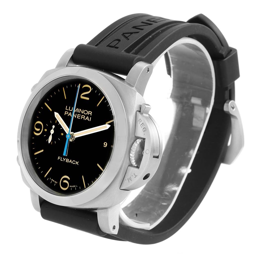 The image shows a 3/4 angle view of the Panerai Luminor PAM00524 Men's Stainless Steel Black Dial PAM00524 Men's Stainless Steel Black Dial watch, highlighting its black rubber strap, black dial, and crown guard.